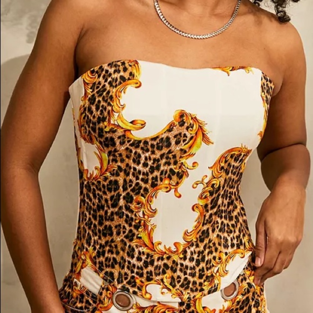 Miaou White Leopard Baroque Strapless Top